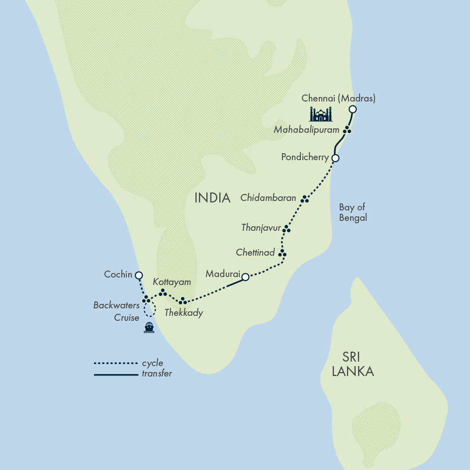 tourhub | Exodus | Southern India Coast to Coast Ride | Tour Map