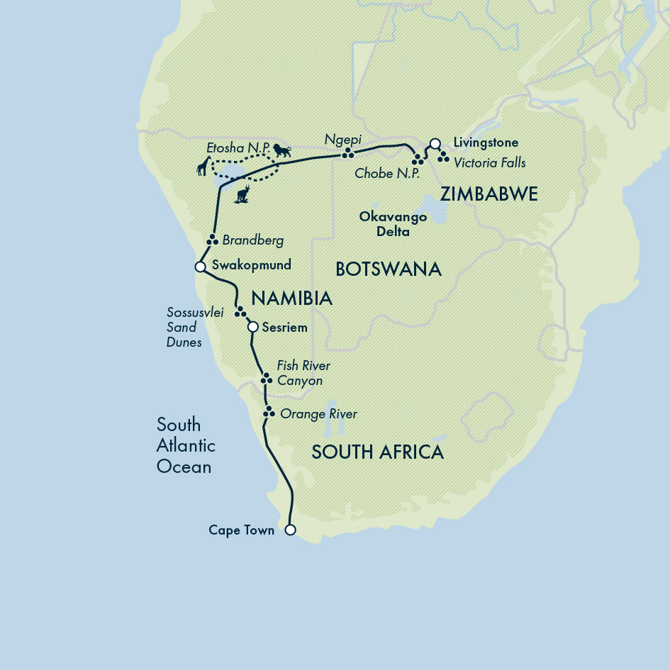 tourhub | Exodus | Victoria Falls to Cape Town - Camping | Tour Map