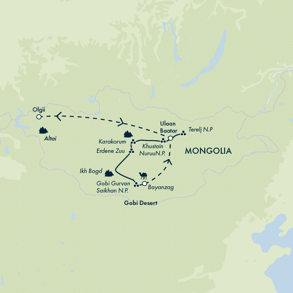 tourhub | Exodus Adventure Travels | Mongolia Eagle Festival: Steppes, Deserts & Nomads | Tour Map