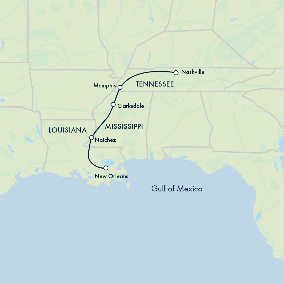 tourhub | Exodus | Southern Soul: New Orleans to Nashville | ANO | Route Map