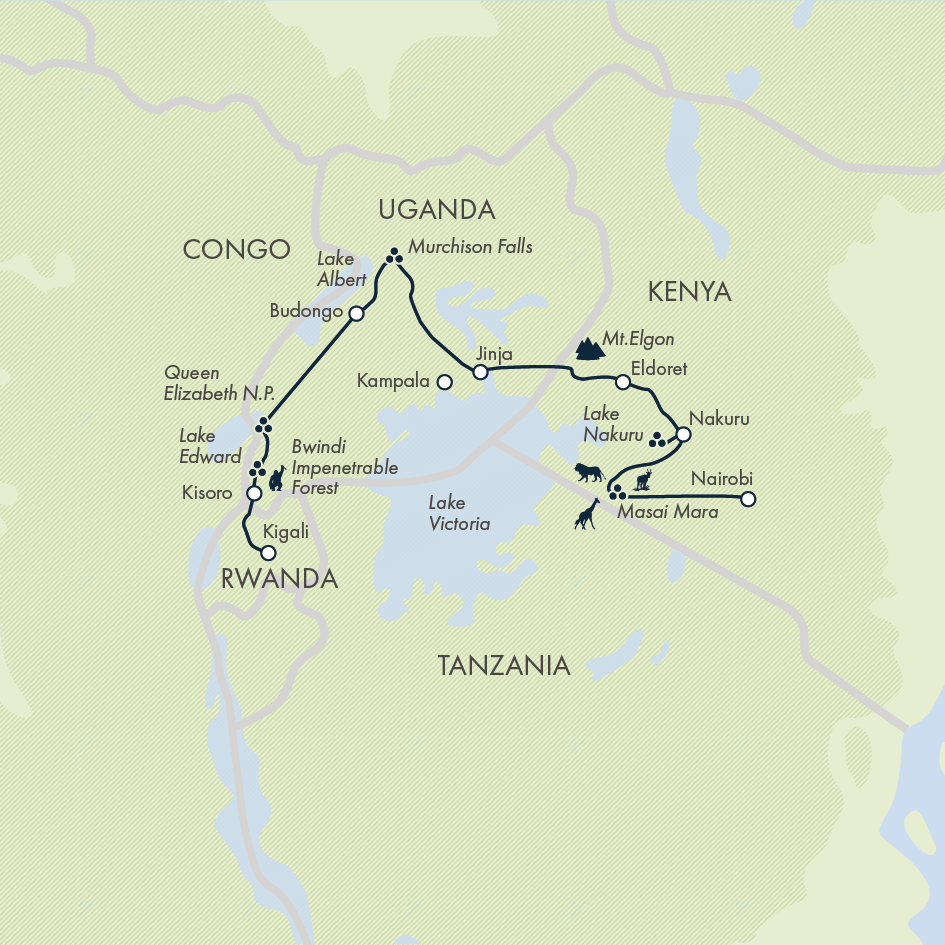 tourhub | Exodus Adventure Travels | Gorillas & Masai Mara - Camping | Tour Map