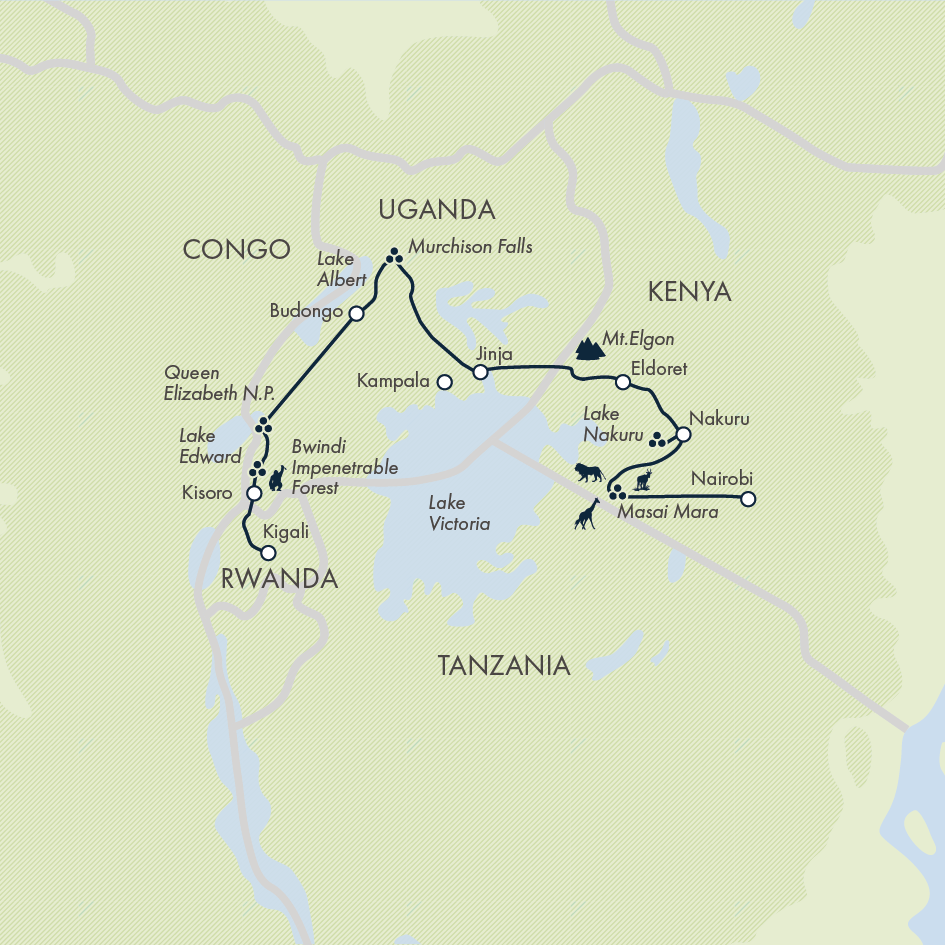 tourhub | Exodus | Gorillas & Masai Mara - Camping | Tour Map