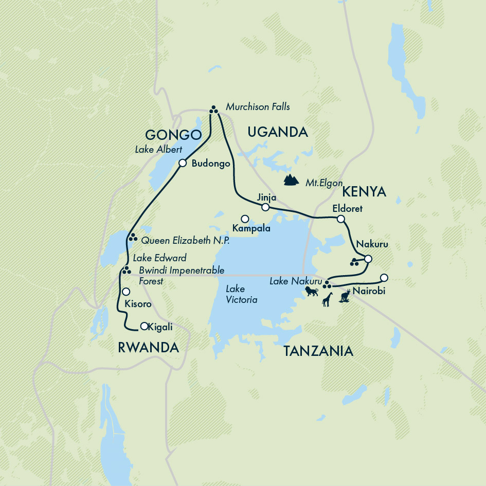 tourhub | Exodus | Gorillas & Masai Mara - Camping Reverse | Tour Map