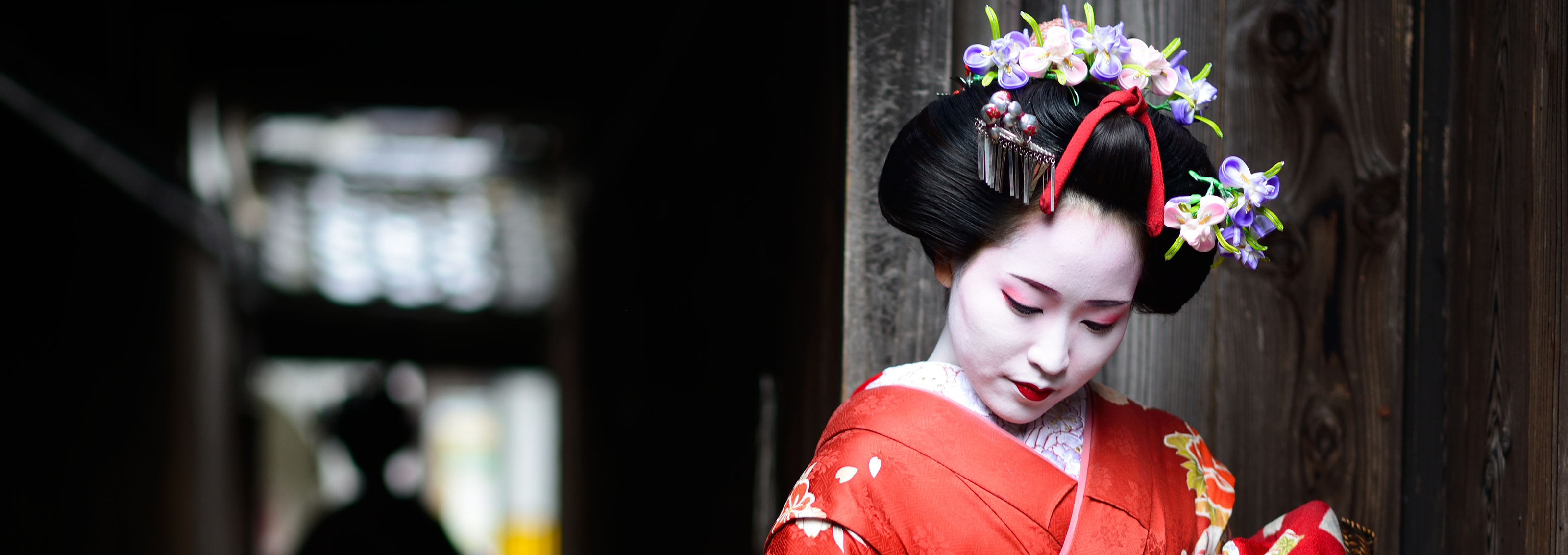 Portrait of a maiko (apprentice geisha) wearing traditional Japanese kimono,  in the Gion district, Kyoto, Kansai region, island of Honshu, Japan Stock  Photo