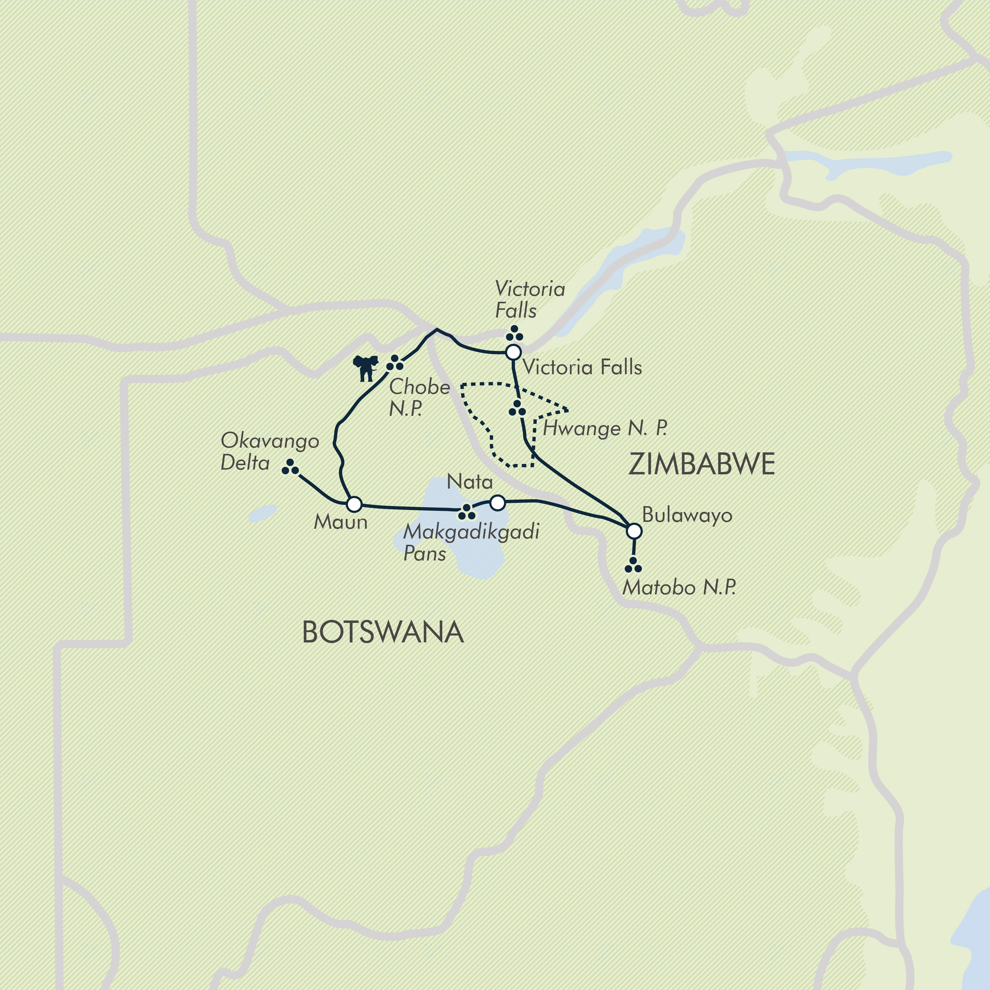 tourhub | Exodus Adventure Travels | Botswana & Zimbabwe Lodge Safari | Tour Map