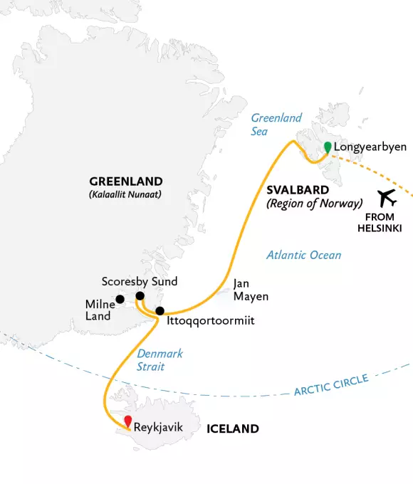 tourhub | Exodus Adventure Travels | Four Arctic Islands: Spitsbergen, Jan Mayen, Greenland & Iceland | Tour Map