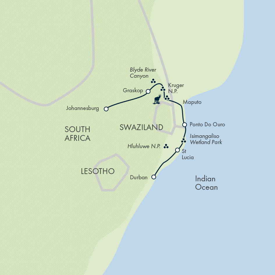 tourhub | Exodus Adventure Travels | Southern Africa Safari: Kruger & Coast | Tour Map