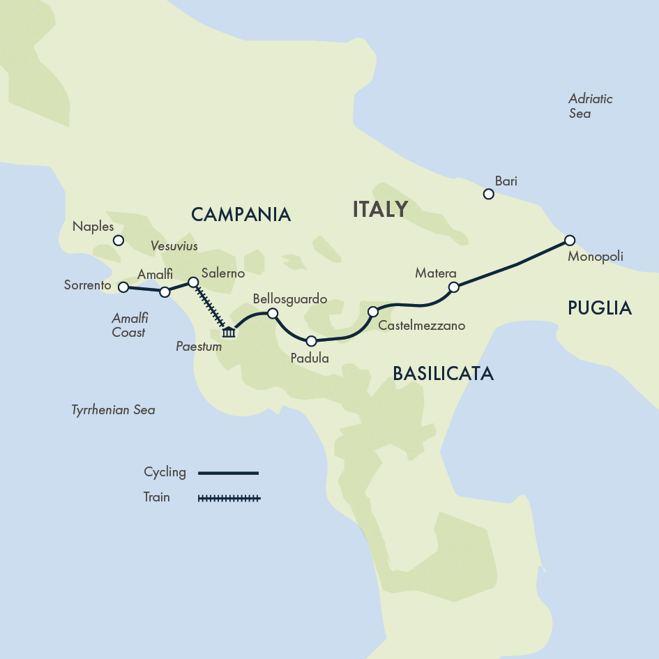 tourhub | Exodus Adventure Travels | Italy Coast to Coast by E-bike: Puglia to Sorrento | Tour Map