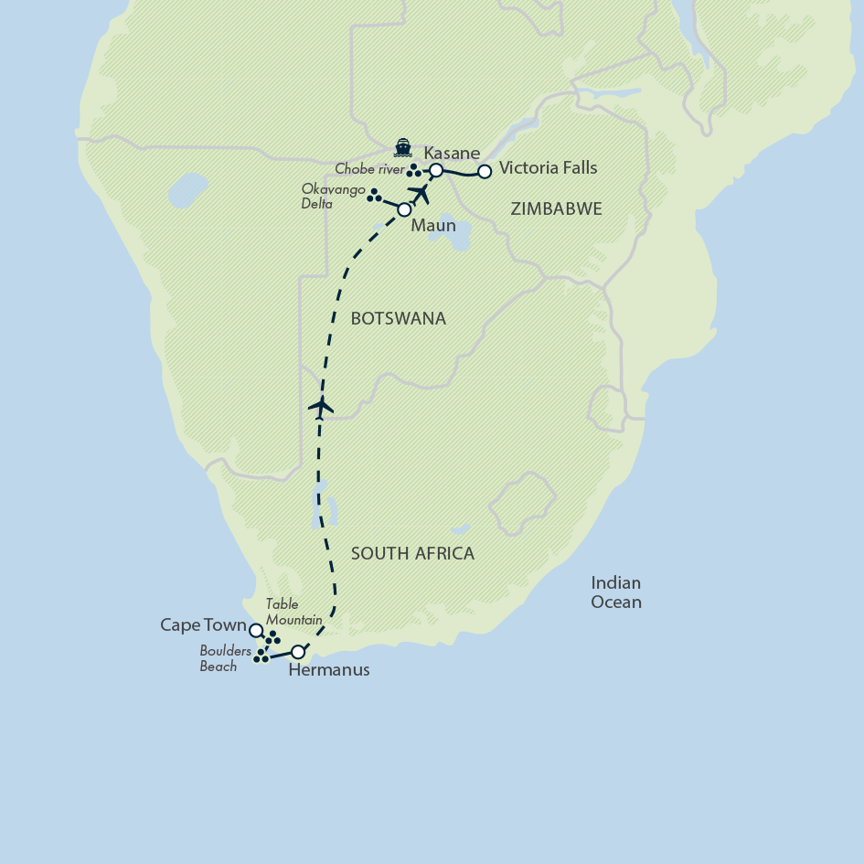 tourhub | Exodus | Southern Africa: Cape, Delta & Falls | Tour Map