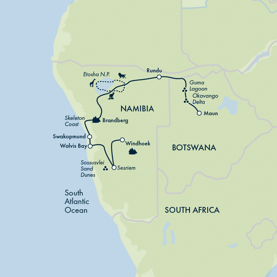 tourhub | Exodus Adventure Travels | Botswana & Namibia: Delta & Dunes | Tour Map