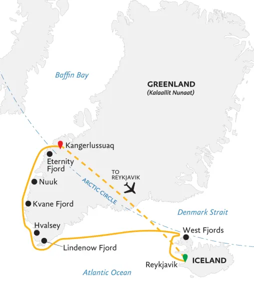 tourhub | Exodus Adventure Travels | Iceland to Greenland: Mountains, Glaciers and the Westfjords | Tour Map